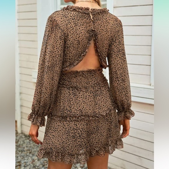Leopard Print Spring Summer Deep V Neck Ruffle Long Sleeve Mini Dress - Picture 2 of 4